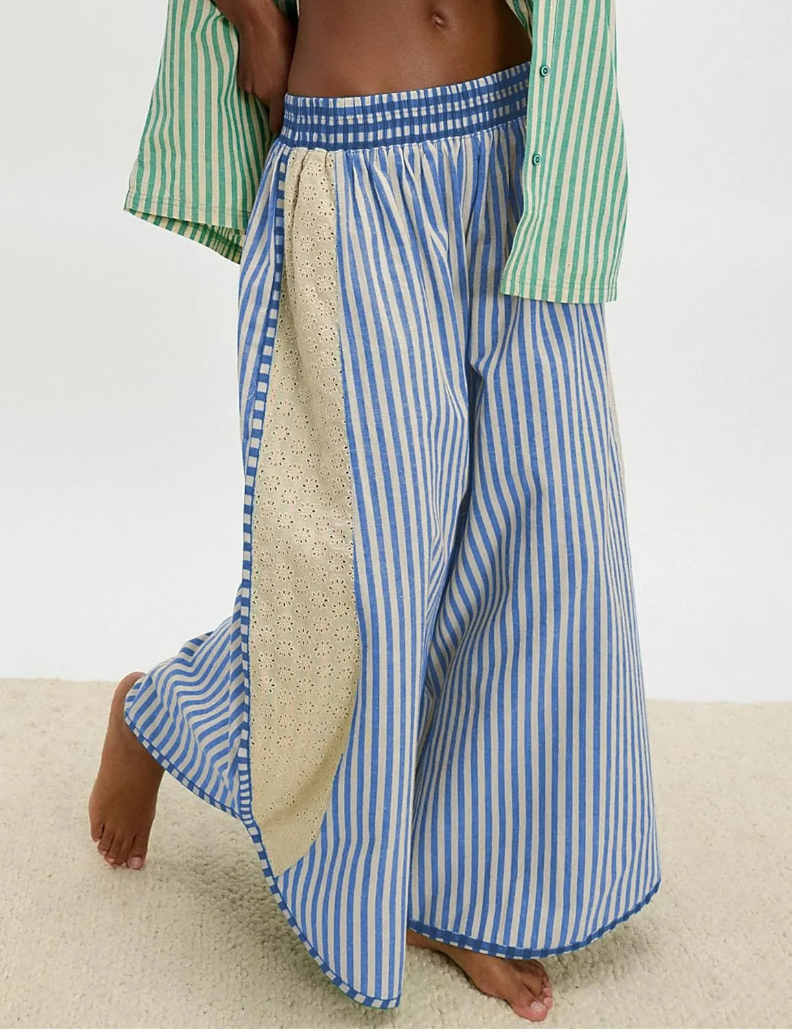 Athlisan Womens Summer Casual Loose Striped Wide Leg Lounge Pants Elastic Waist Palazzo Trousers