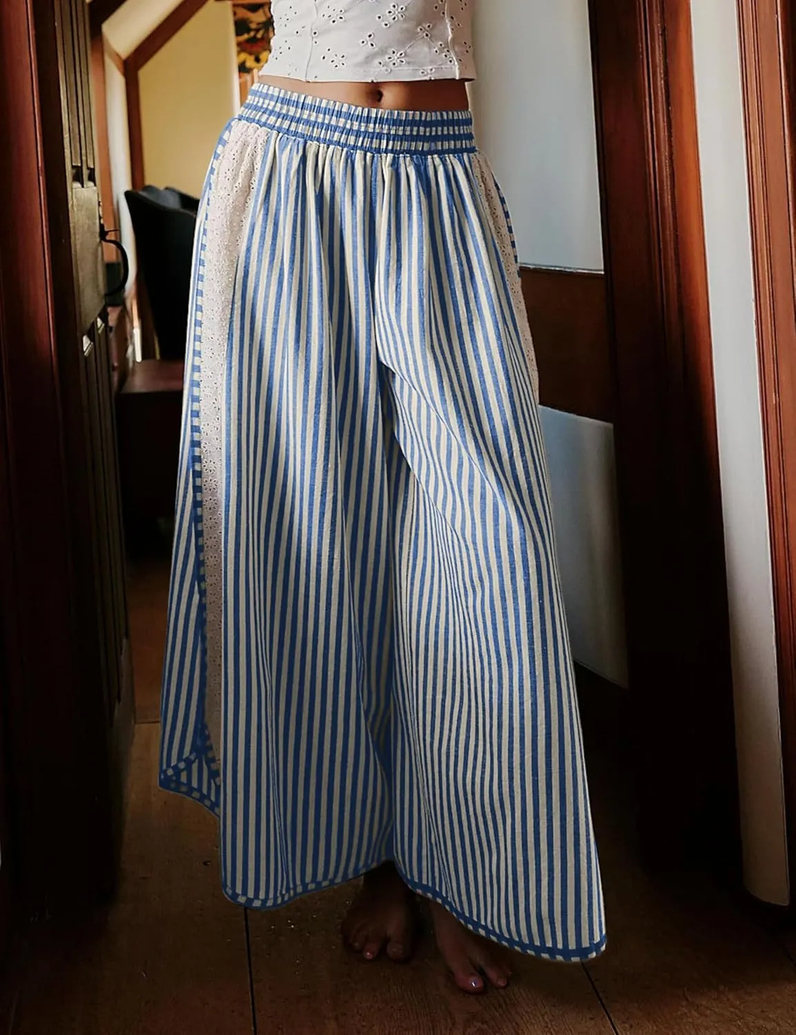 Athlisan Womens Summer Casual Loose Striped Wide Leg Lounge Pants Elastic Waist Palazzo Trousers