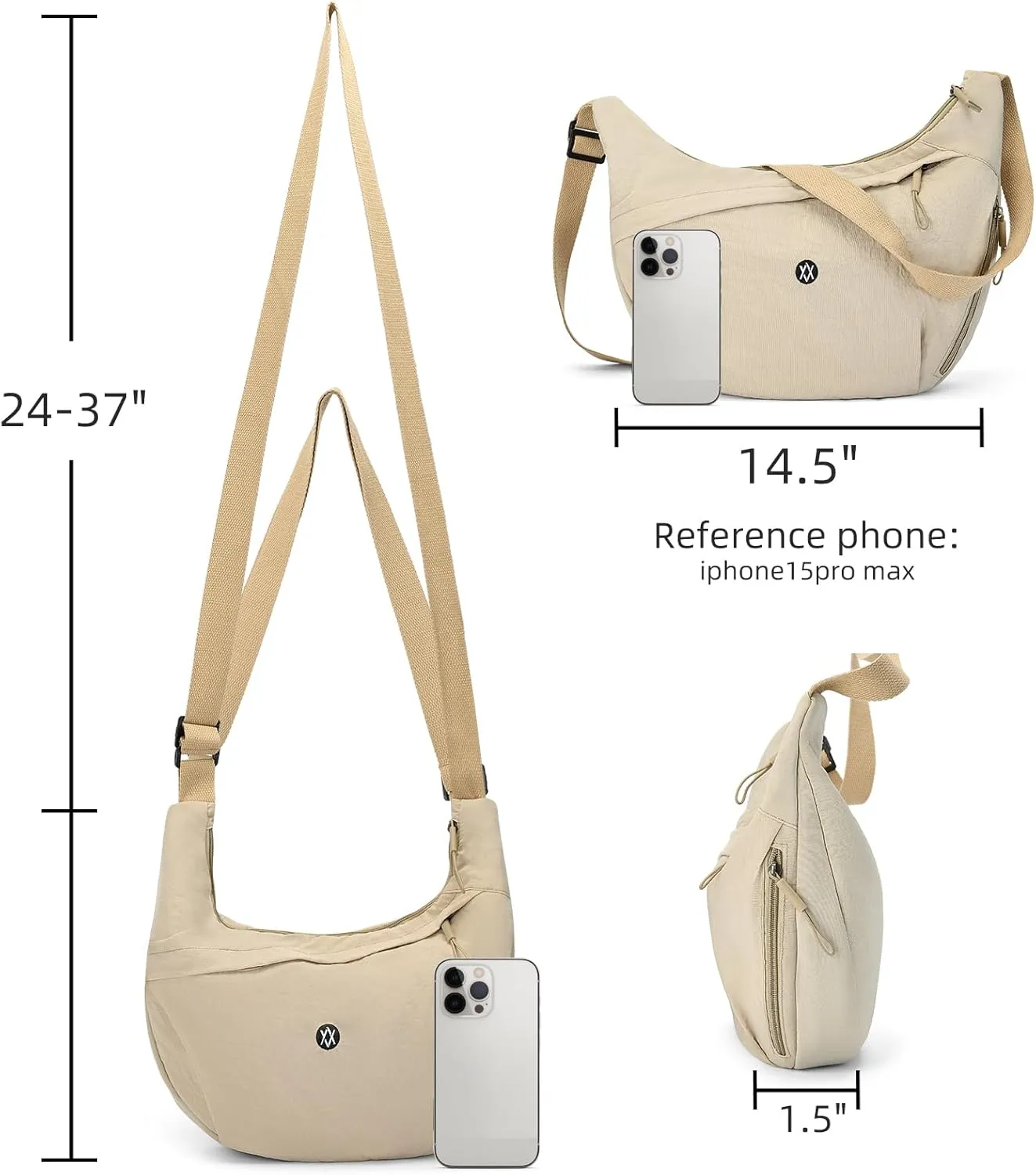 Axcone Nylon Crescent Crossbody Bag for Women Lightweight Hobo Bag Adjustable Strap Casual Sling Bag