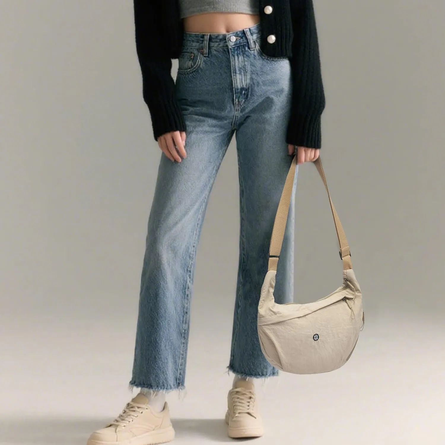 Axcone Nylon Crescent Crossbody Bag for Women Lightweight Hobo Bag Adjustable Strap Casual Sling Bag