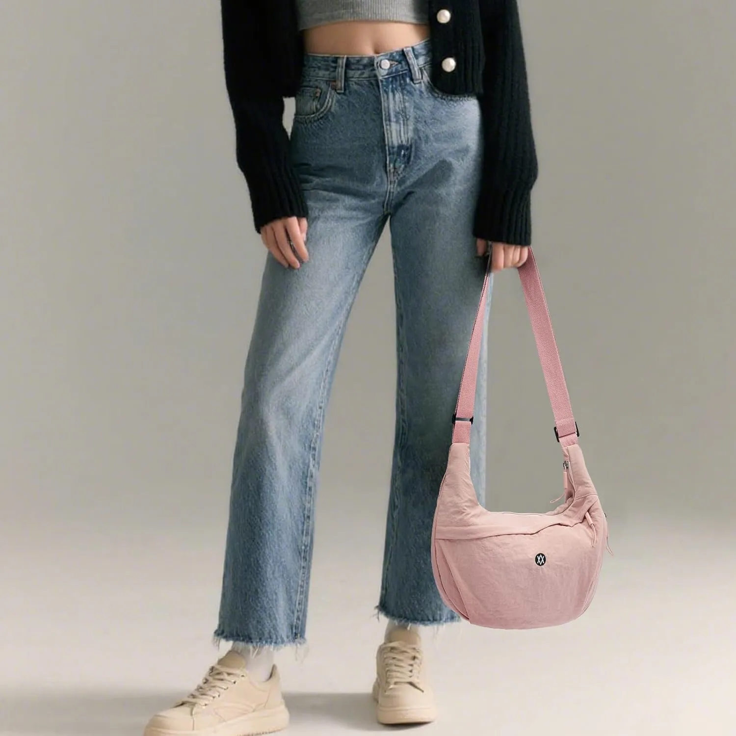 Axcone Nylon Crescent Crossbody Bag for Women Lightweight Hobo Bag Adjustable Strap Casual Sling Bag