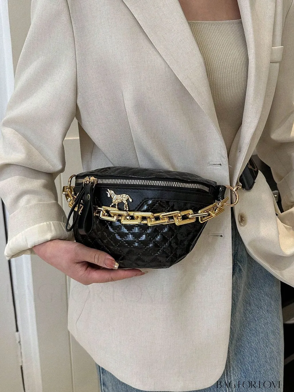 BagForLove - Quilted Mini Fanny Pack with Chain and Metal Accents