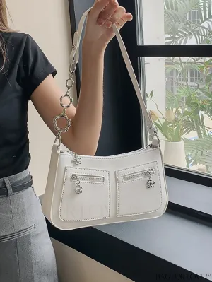BagForLove - Stylish White Shoulder Bag with Chic Metal Accents & Multiple Pockets
