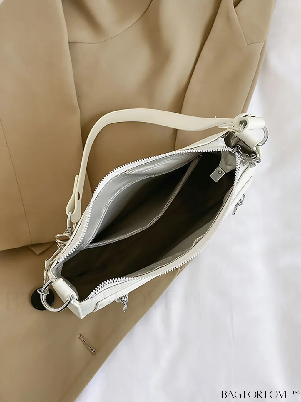 BagForLove - Stylish White Shoulder Bag with Chic Metal Accents & Multiple Pockets