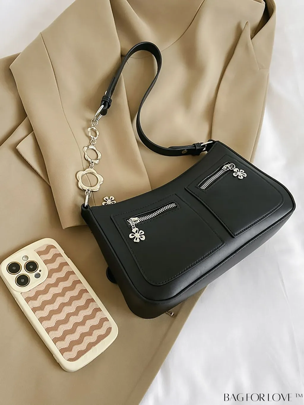 BagForLove - Stylish White Shoulder Bag with Chic Metal Accents & Multiple Pockets