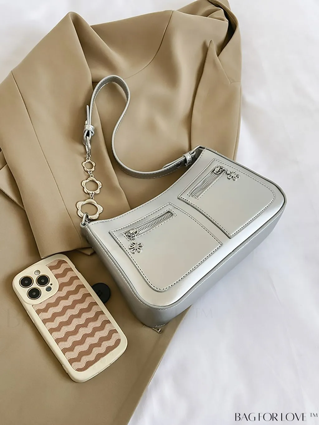 BagForLove - Stylish White Shoulder Bag with Chic Metal Accents & Multiple Pockets