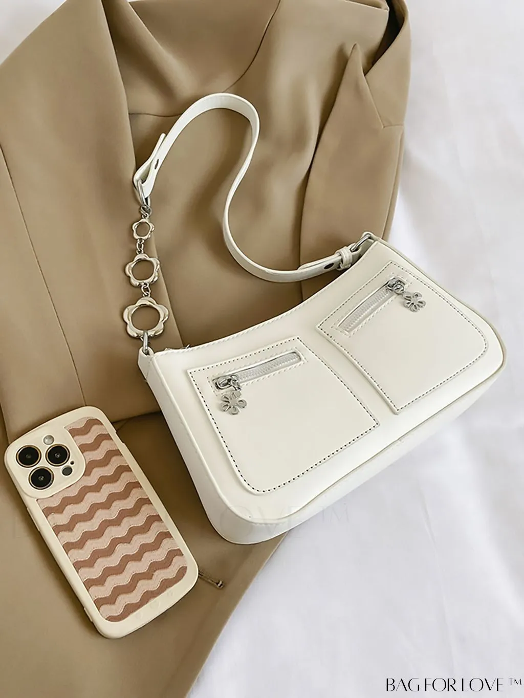 BagForLove - Stylish White Shoulder Bag with Chic Metal Accents & Multiple Pockets