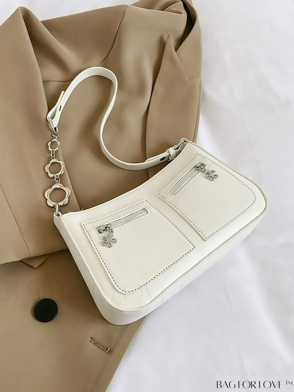 BagForLove - Stylish White Shoulder Bag with Chic Metal Accents & Multiple Pockets