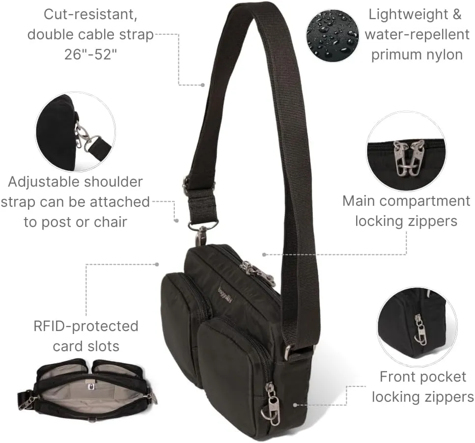 Baggallini Securtex Anti-Theft Treasure Crossbody 9"x5.5" Lightweight Travel Purse with RFID Card Slots Locking Zippers