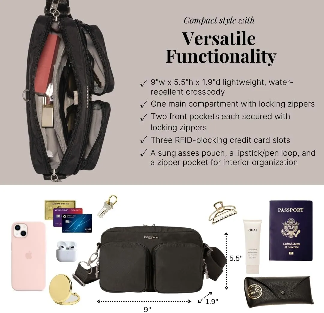 Baggallini Securtex Anti-Theft Treasure Crossbody 9"x5.5" Lightweight Travel Purse with RFID Card Slots Locking Zippers