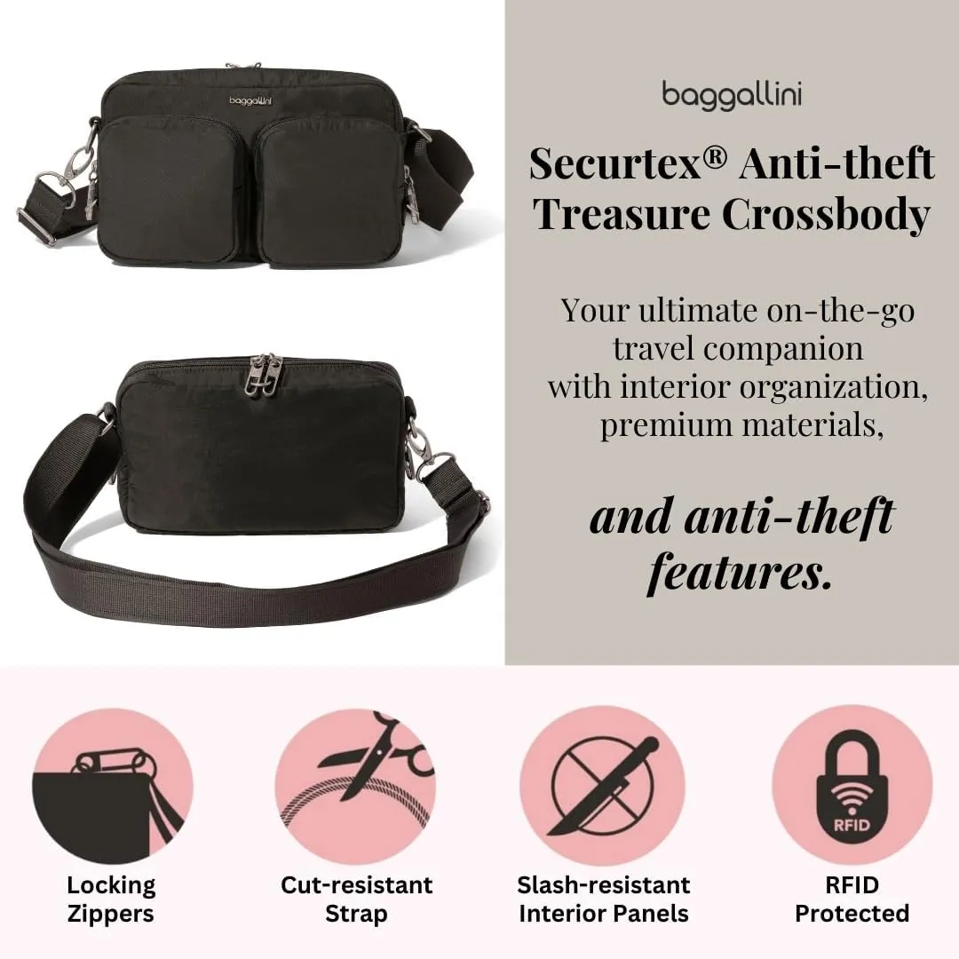 Baggallini Securtex Anti-Theft Treasure Crossbody 9"x5.5" Lightweight Travel Purse with RFID Card Slots Locking Zippers