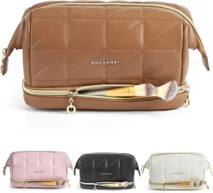 BAGSMART Travel Makeup Bag, PU Leather Makeup Bag Organizer, Large Capacity Make Up Bag, Cosmetic Bags for Women, Wide-open Makeup Pouch for Travel Essentials, Bottles, Brushes (Brown)