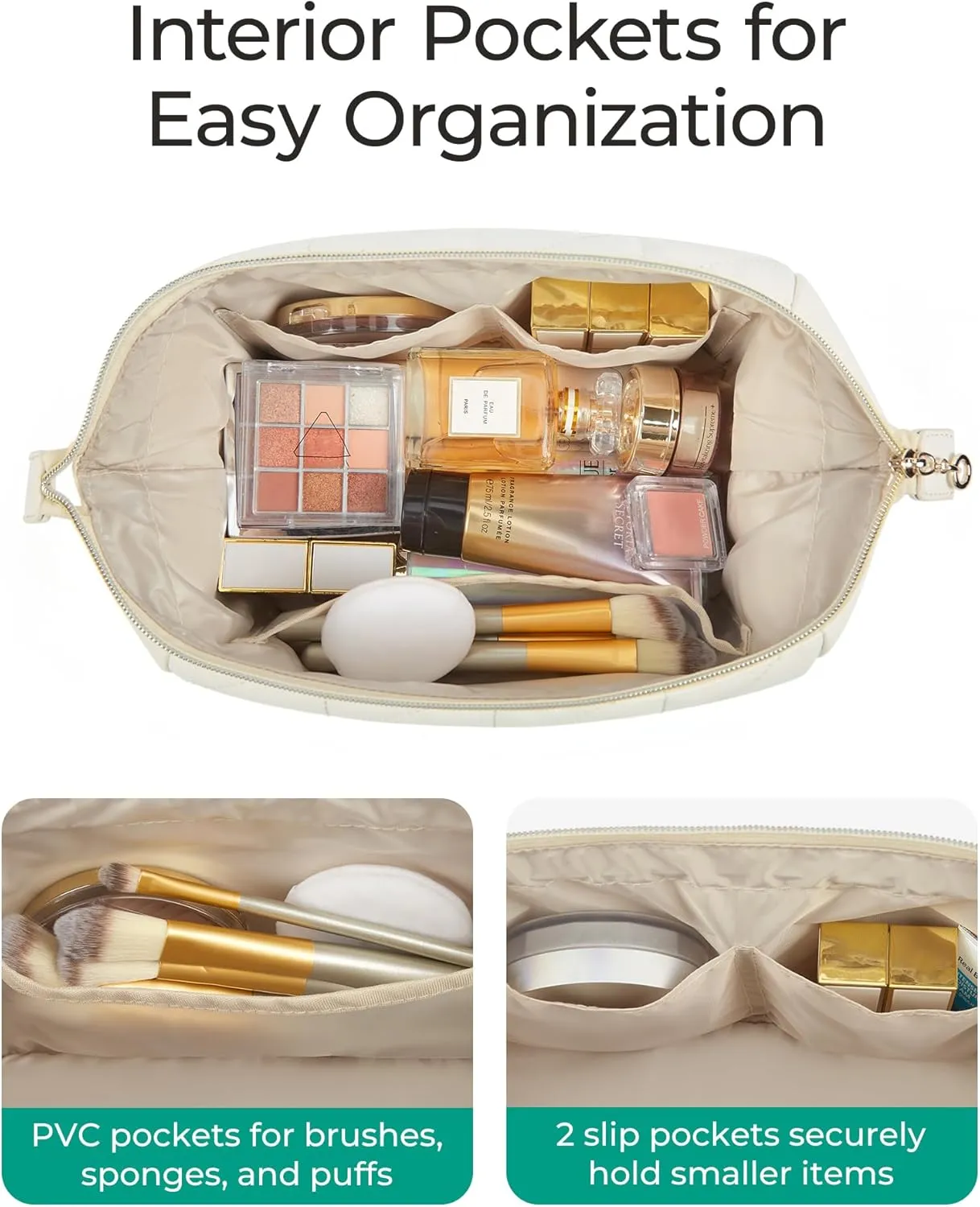 BAGSMART Travel Makeup Bag, PU Leather Makeup Bag Organizer, Large Capacity Make Up Bag, Cosmetic Bags for Women, Wide-open Makeup Pouch for Travel Essentials, Bottles, Brushes (Brown)