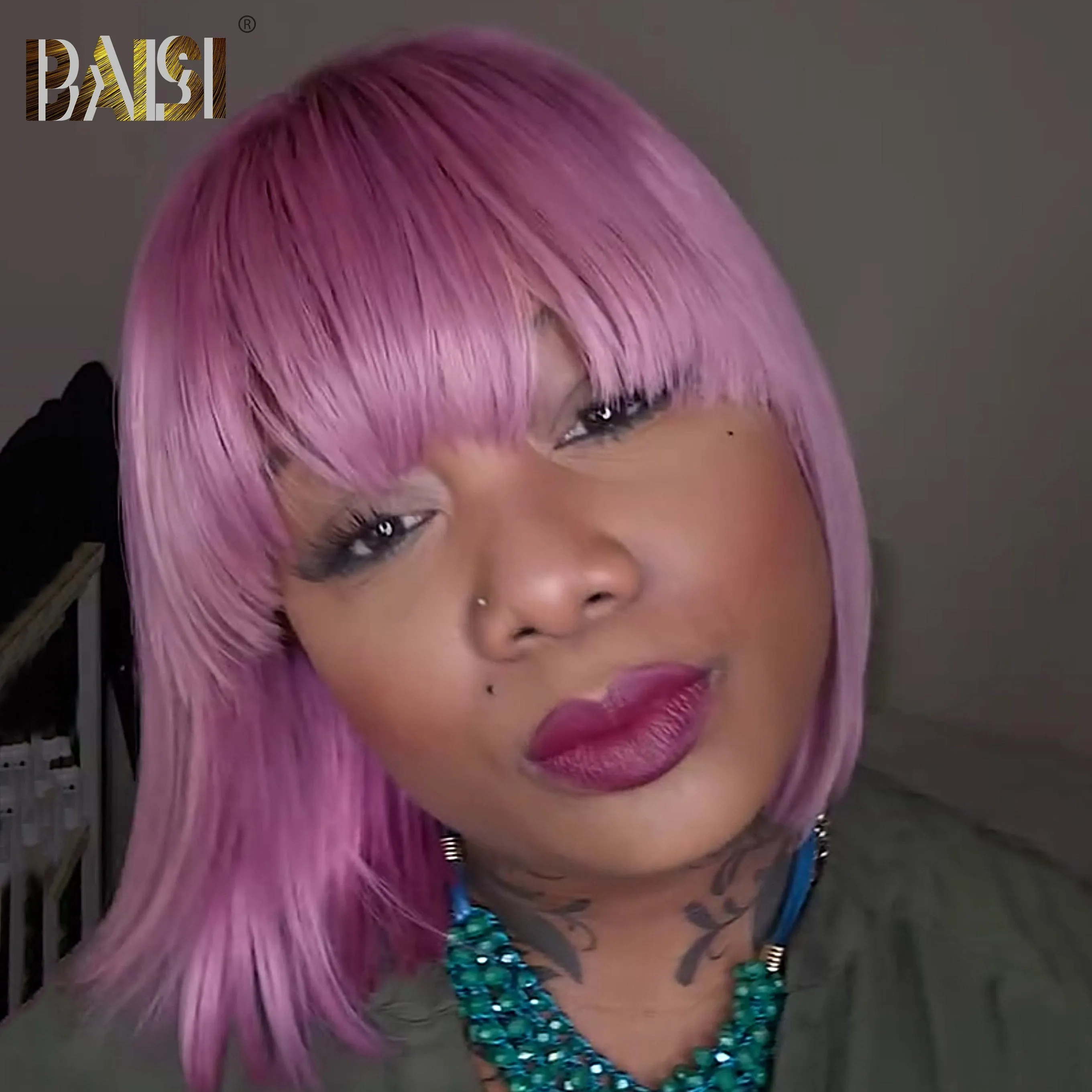 Baisi Machine Made Short Bright Purple Straight With Bang BoB Wig
