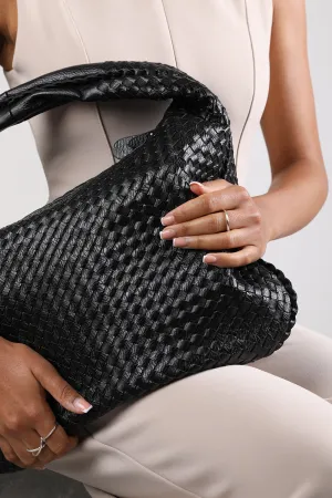 Barber Large Contorted Shoulder Bag in Black Woven Faux Leather