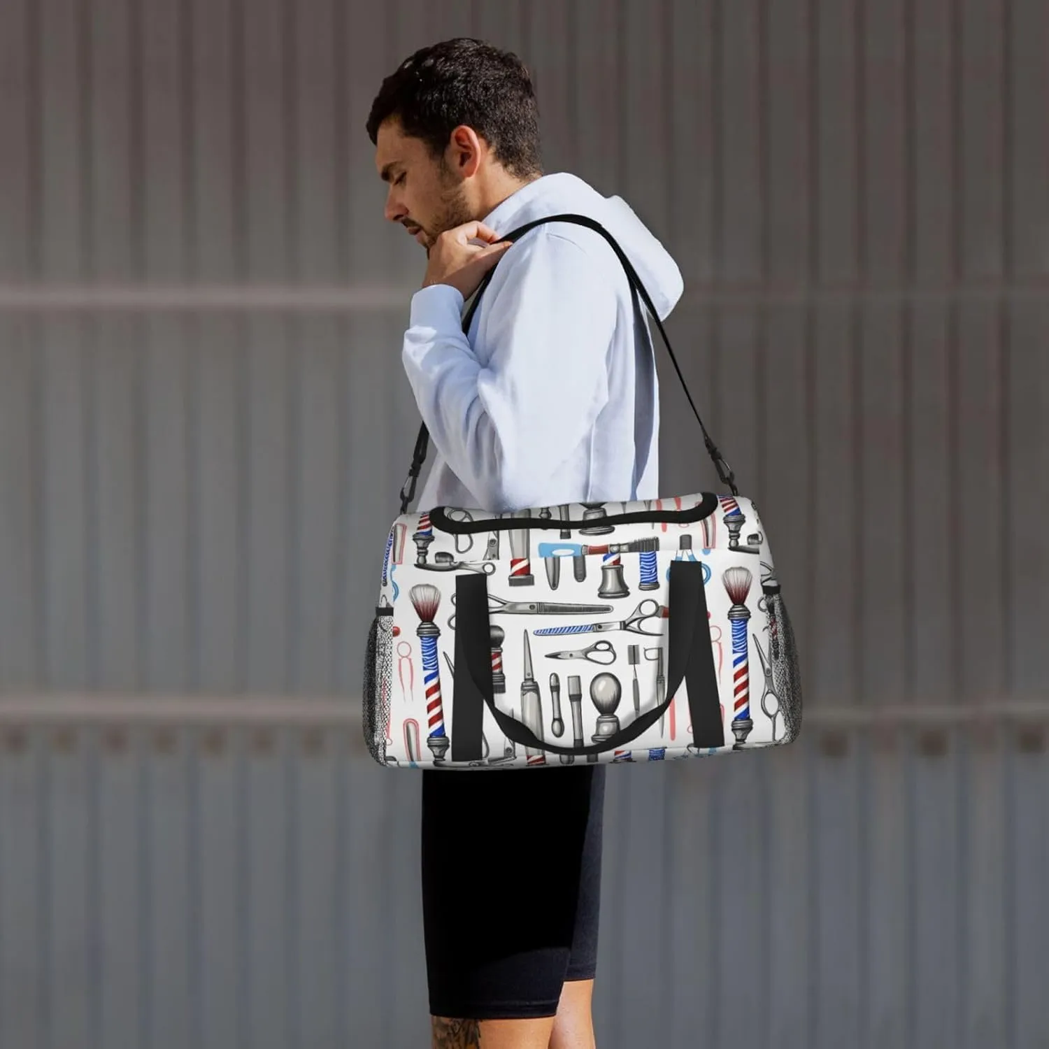 Barber Shop Monochrome Style Travel Duffel Bag With Zippers And Handles, Big Foldable Duffle Bag For Family Vacations