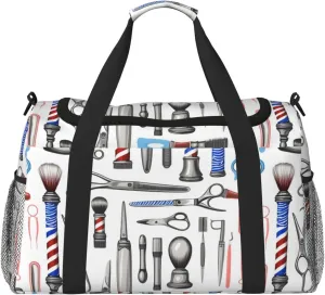 Barber Shop Monochrome Style Travel Duffel Bag With Zippers And Handles, Big Foldable Duffle Bag For Family Vacations