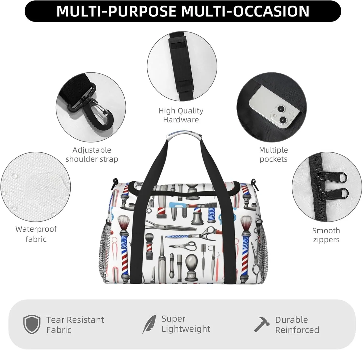 Barber Shop Monochrome Style Travel Duffel Bag With Zippers And Handles, Big Foldable Duffle Bag For Family Vacations