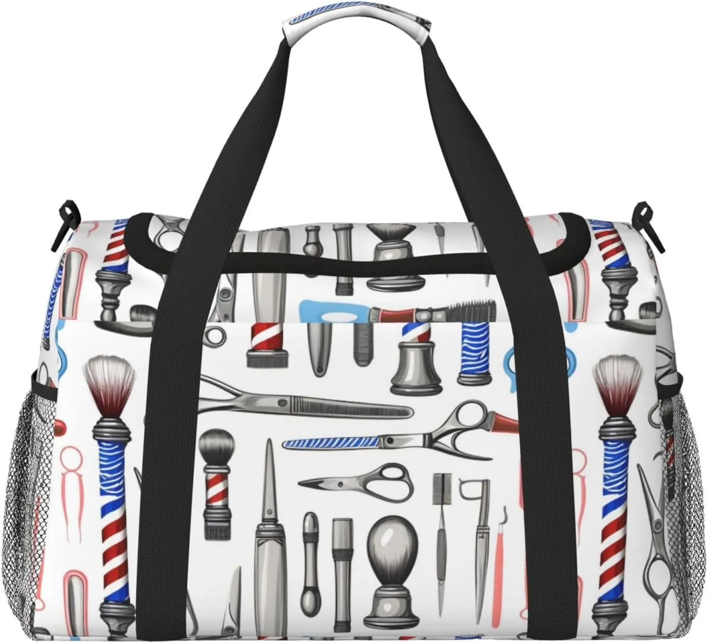 Barber Shop Monochrome Style Travel Duffel Bag With Zippers And Handles, Big Foldable Duffle Bag For Family Vacations
