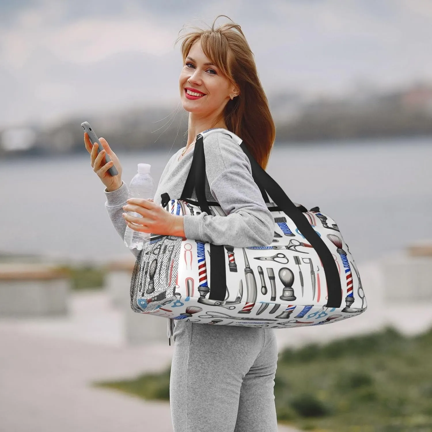 Barber Shop Monochrome Style Travel Duffel Bag With Zippers And Handles, Big Foldable Duffle Bag For Family Vacations