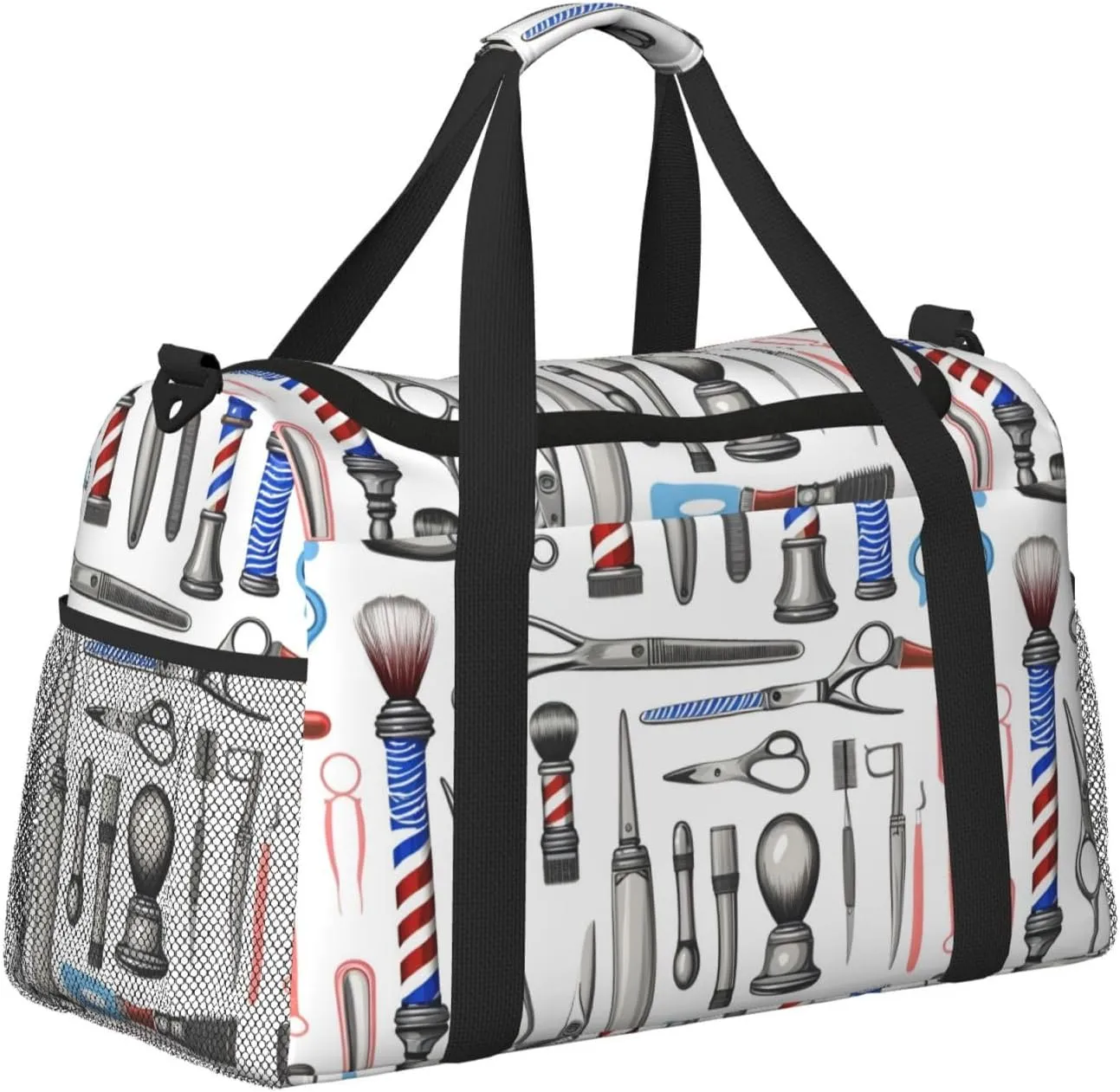 Barber Shop Monochrome Style Travel Duffel Bag With Zippers And Handles, Big Foldable Duffle Bag For Family Vacations