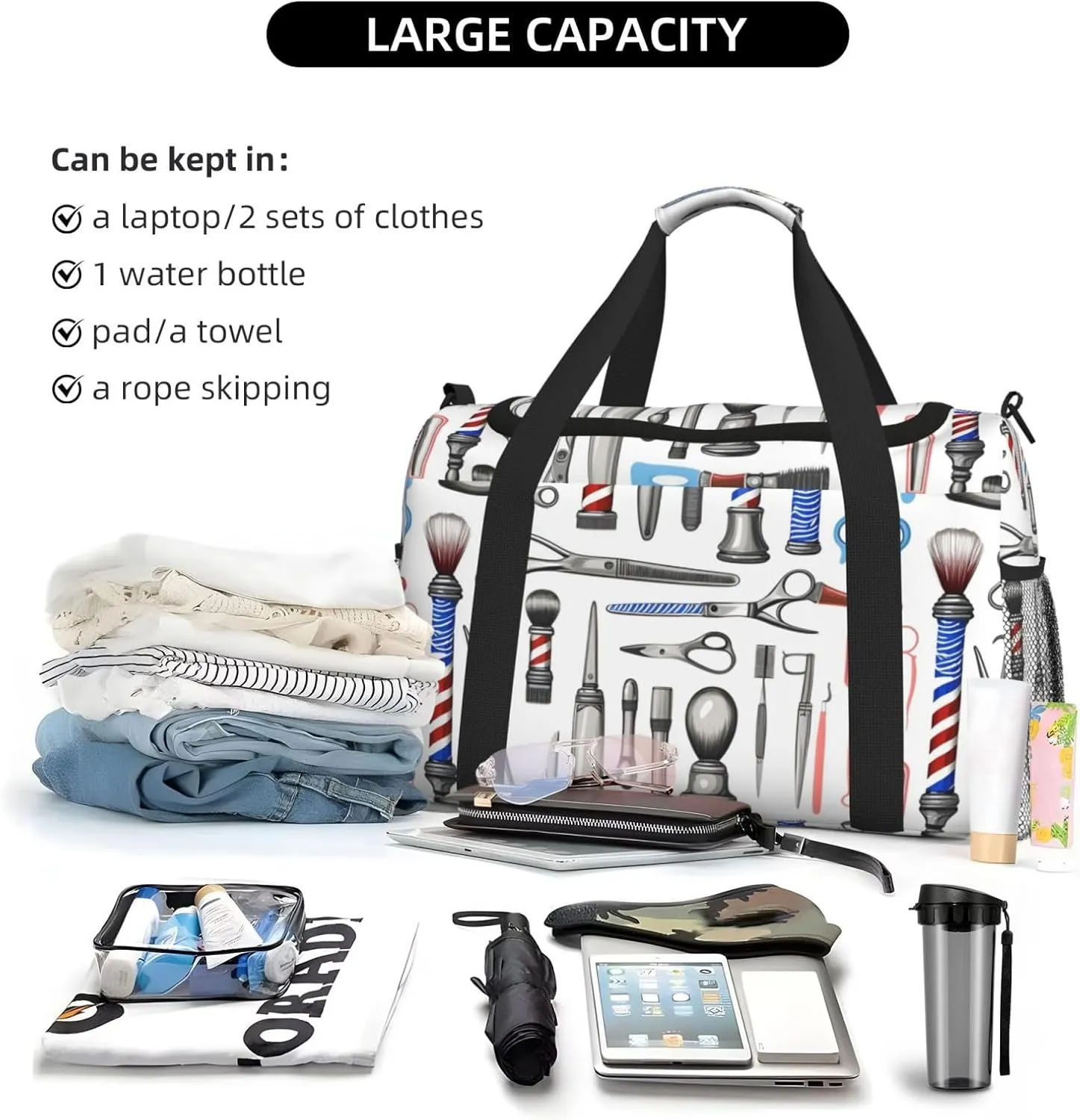 Barber Shop Monochrome Style Travel Duffel Bag With Zippers And Handles, Big Foldable Duffle Bag For Family Vacations