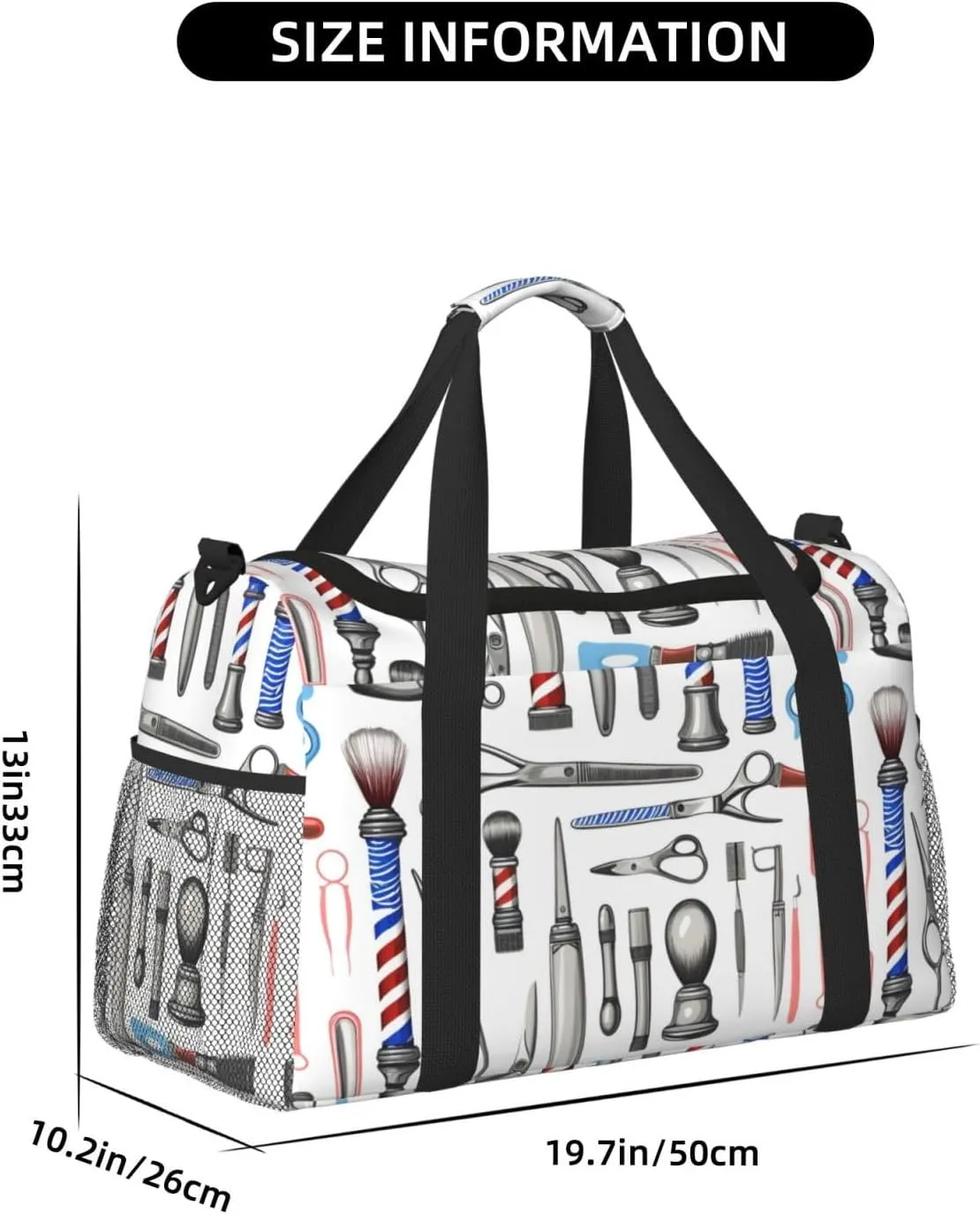 Barber Shop Monochrome Style Travel Duffel Bag With Zippers And Handles, Big Foldable Duffle Bag For Family Vacations