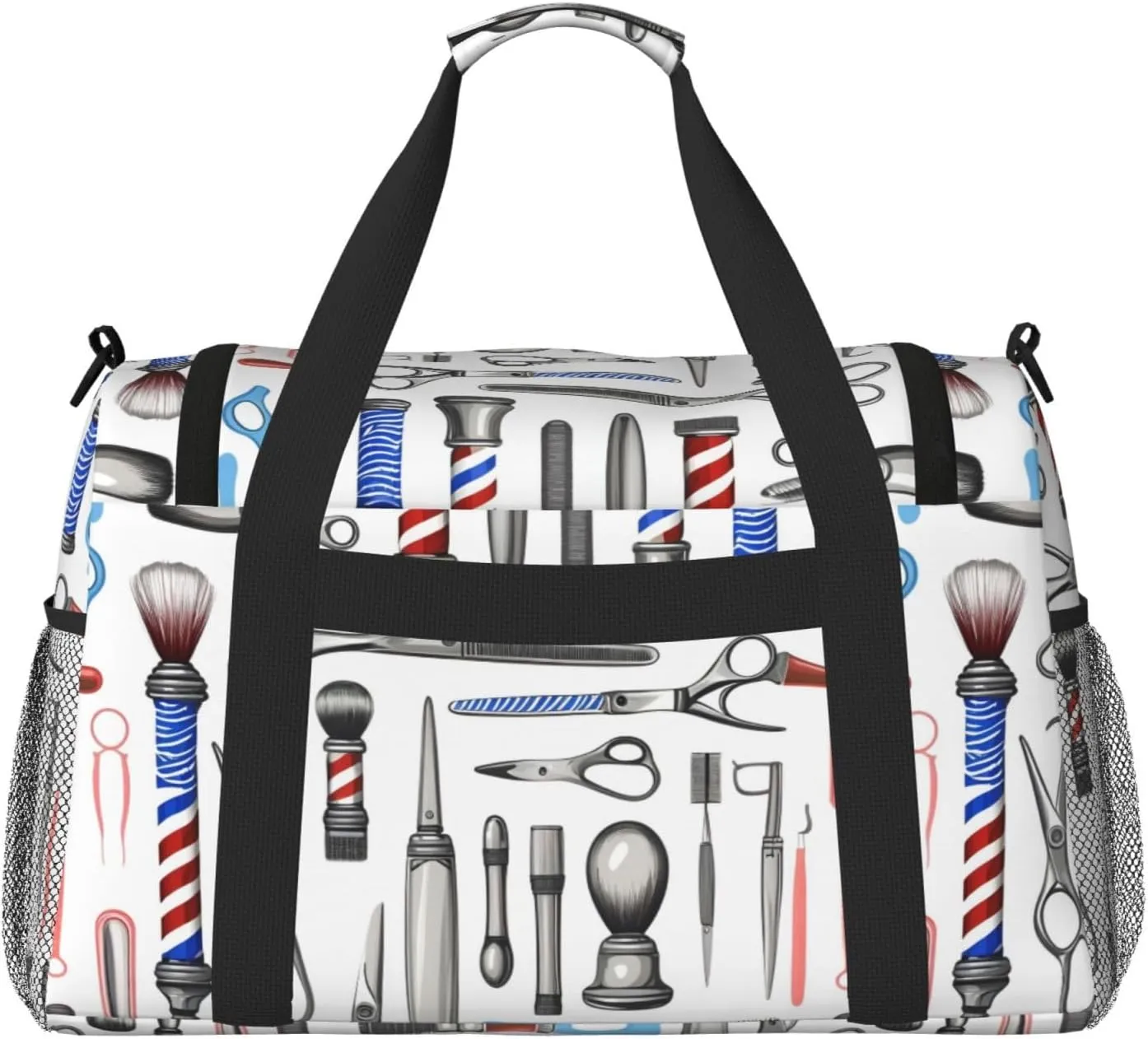 Barber Shop Monochrome Style Travel Duffel Bag With Zippers And Handles, Big Foldable Duffle Bag For Family Vacations