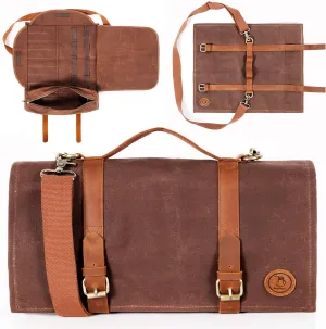 Bartender Tool Bag Waxed Canvas Water Resistant Adjustable Shoulder Straps Genuine Leather Handles 16 Pockets Holds 33oz Bottle Mobile Travel Design - Bag ONLY