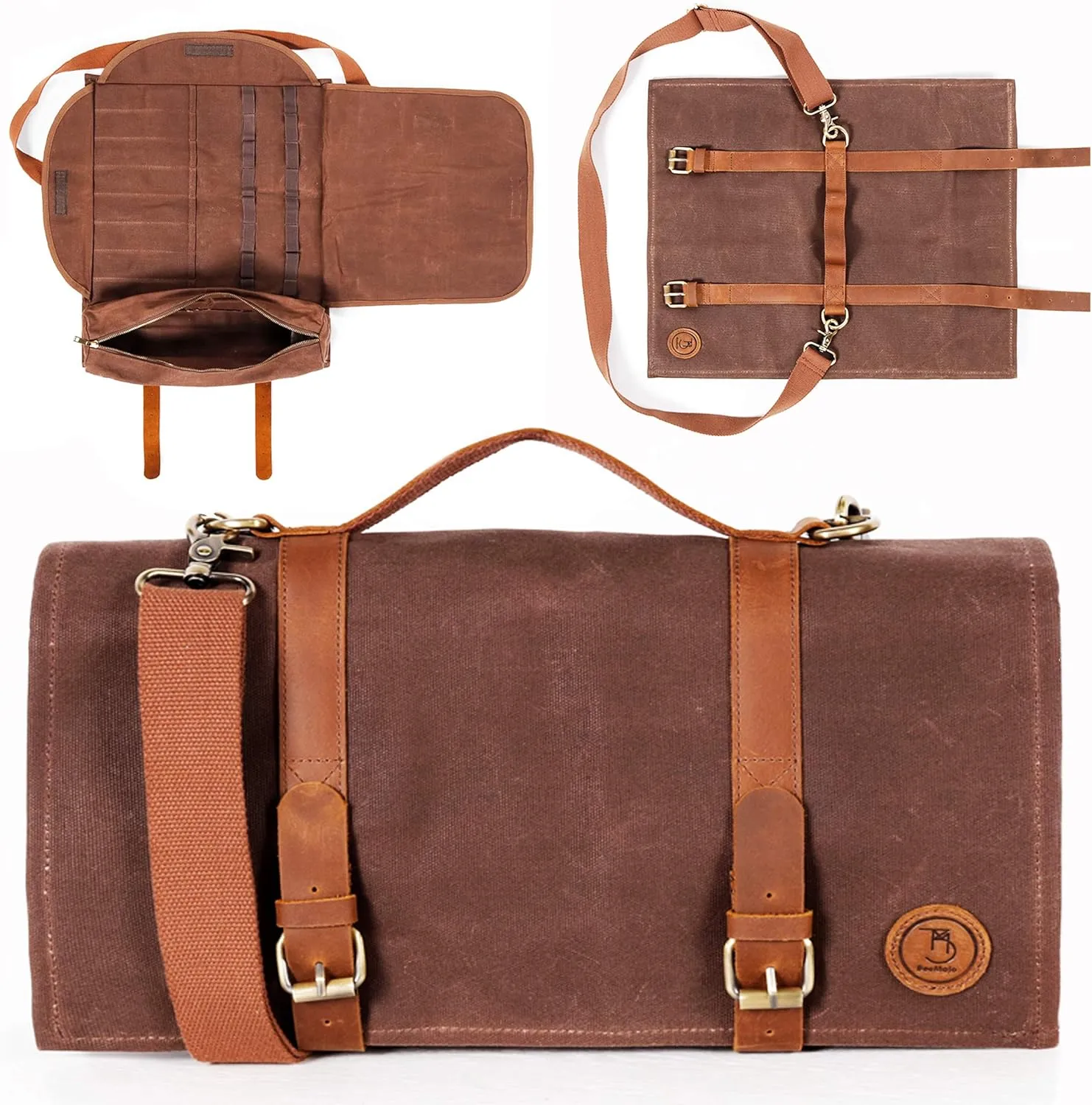 Bartender Tool Bag Waxed Canvas Water Resistant Adjustable Shoulder Straps Genuine Leather Handles 16 Pockets Holds 33oz Bottle Mobile Travel Design - Bag ONLY