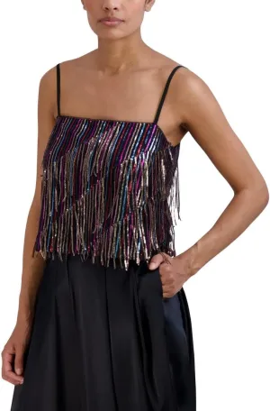 BCBGMAXAZRIA Women's Sleeveless Scoop Neck Sequin Fringe Pullover Cami Top