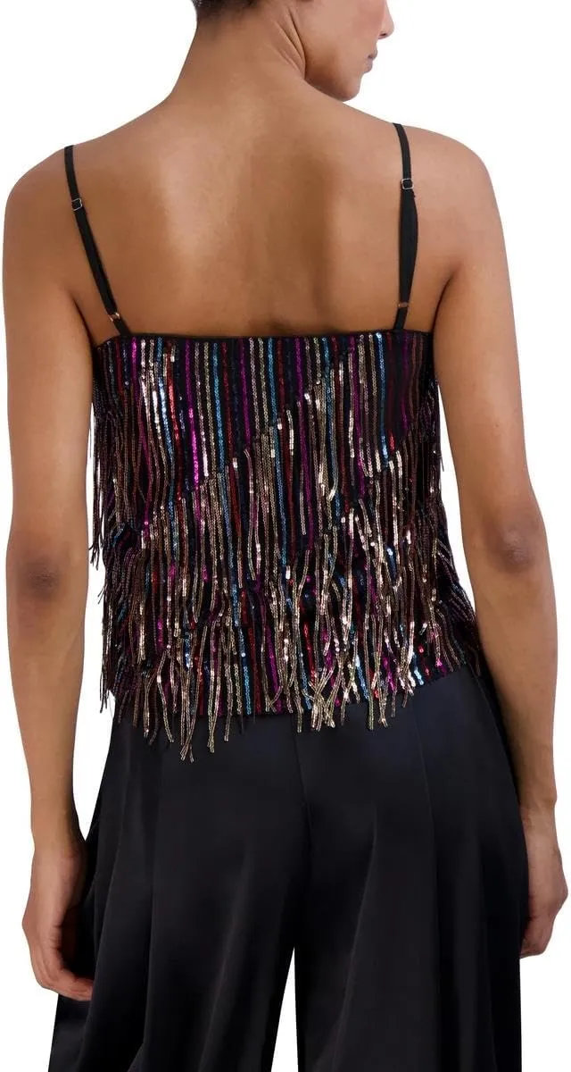 BCBGMAXAZRIA Women's Sleeveless Scoop Neck Sequin Fringe Pullover Cami Top
