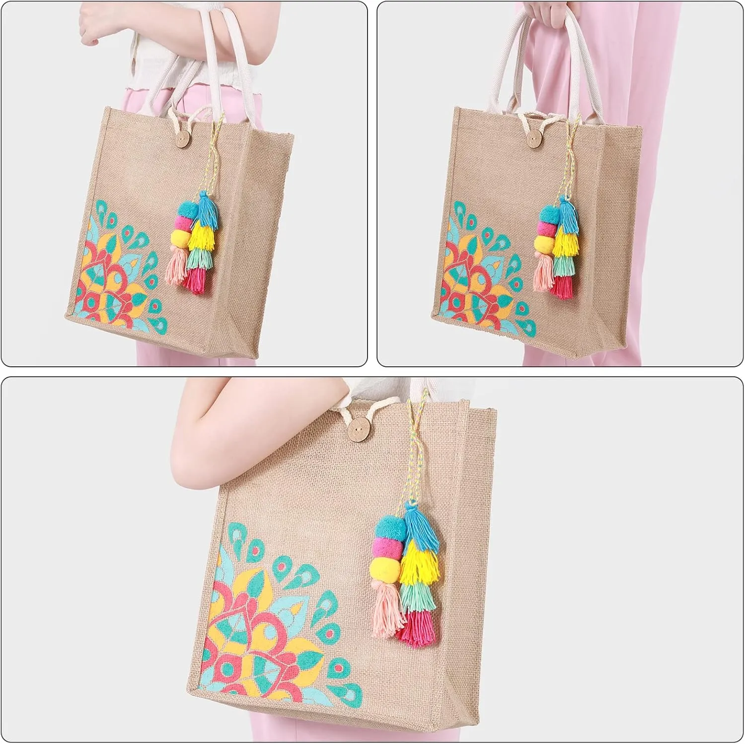 Beach Bag for Women, Straw Beach Tote Bag with Pocket Tassel Handle Waterproof Lining, for Summer Vacation Pool Gift