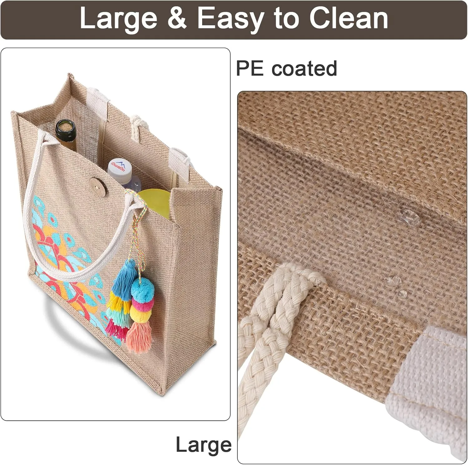 Beach Bag for Women, Straw Beach Tote Bag with Pocket Tassel Handle Waterproof Lining, for Summer Vacation Pool Gift
