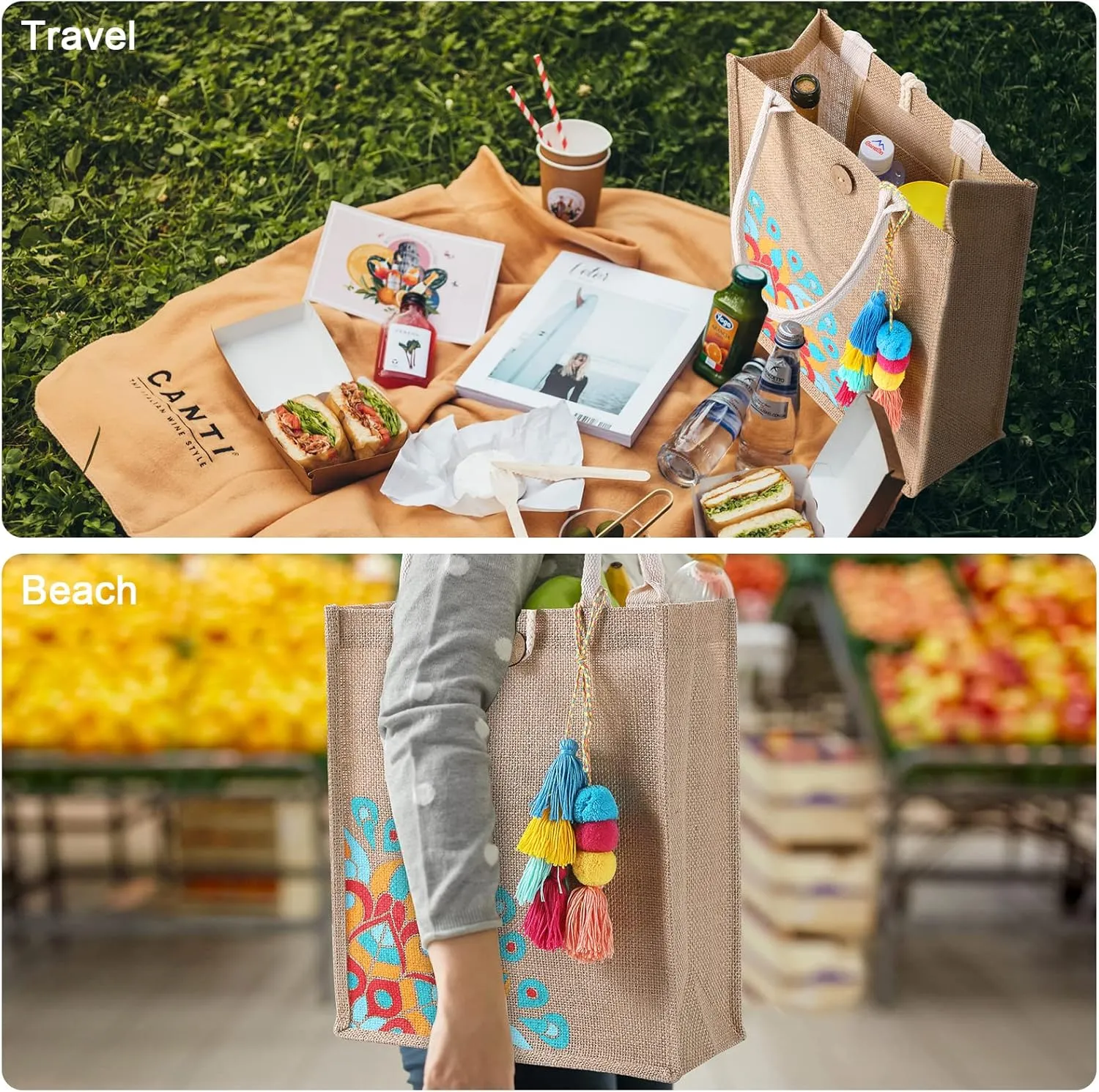 Beach Bag for Women, Straw Beach Tote Bag with Pocket Tassel Handle Waterproof Lining, for Summer Vacation Pool Gift