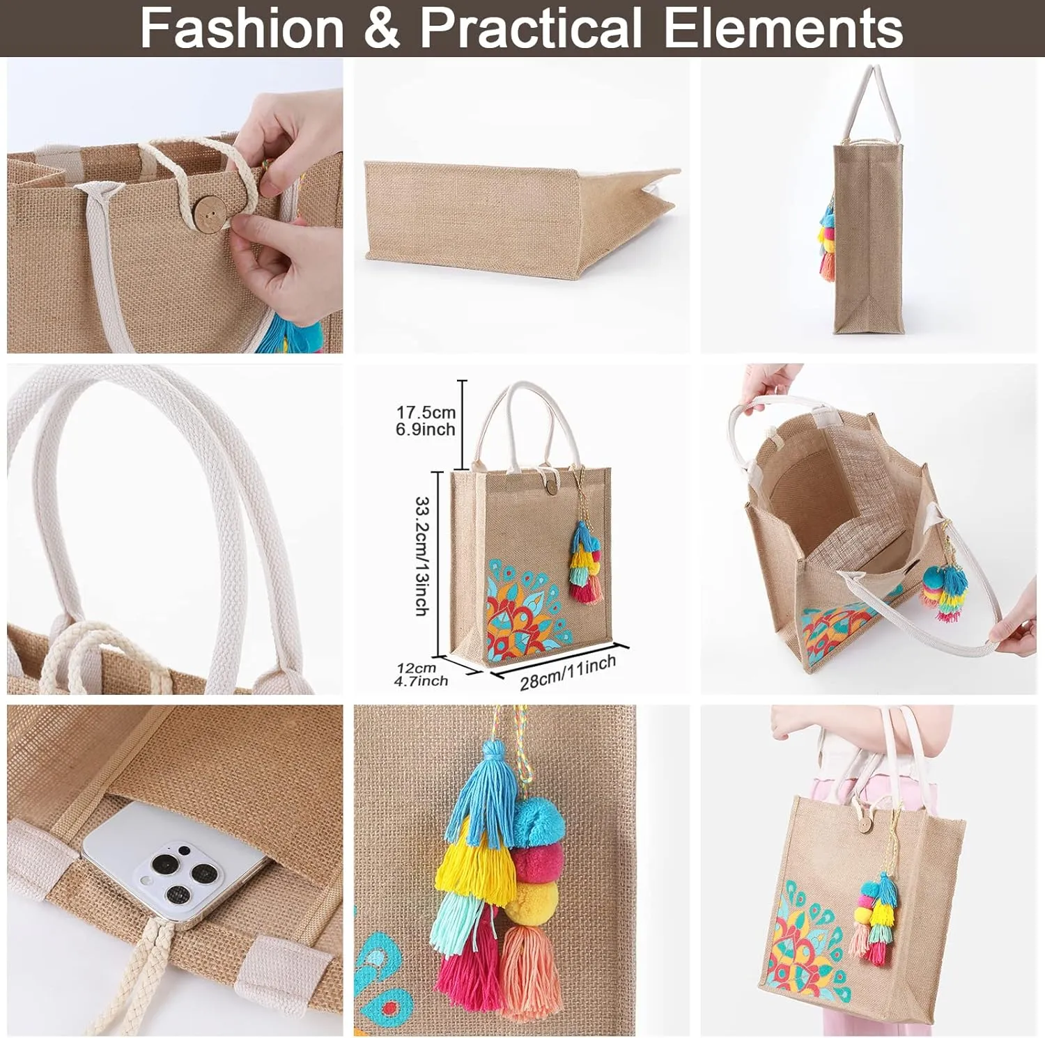 Beach Bag for Women, Straw Beach Tote Bag with Pocket Tassel Handle Waterproof Lining, for Summer Vacation Pool Gift