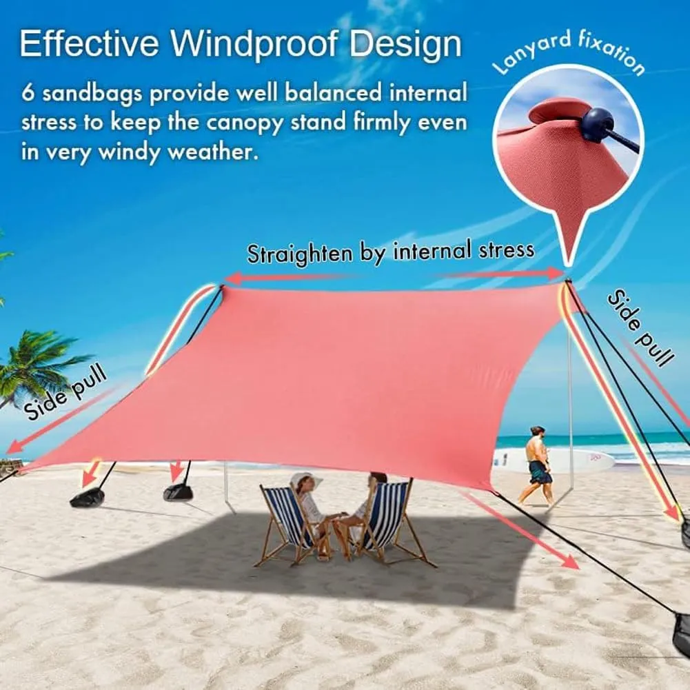 Beach Canopy Windproof Design, Sun Shelter UPF50  Portable Family Tent with 6 Sandbags Anchors 8x8 FT 2 Pole Pop Up Outdoor Shelter for Beach, Camping, Fishing, Backyard