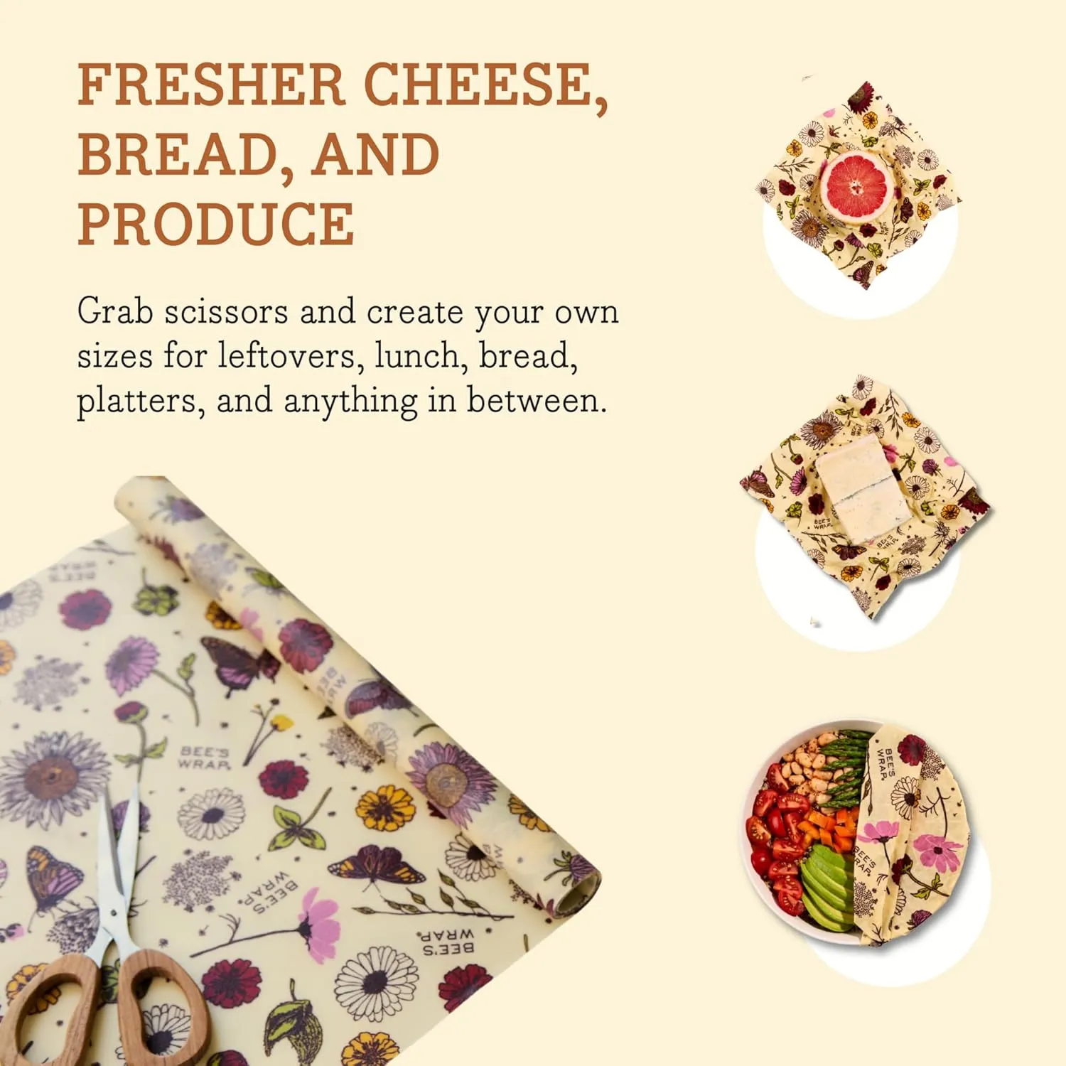 Bee's Wrap Vegan Beeswax Wraps for Food - Meadow Magic Cut to Size Wax Paper Roll - Made in USA Reusable Waxed Paper & Bowl Covers - Organic & Eco-Friendly Alternative to Aluminum Foil & Plastic Wrap