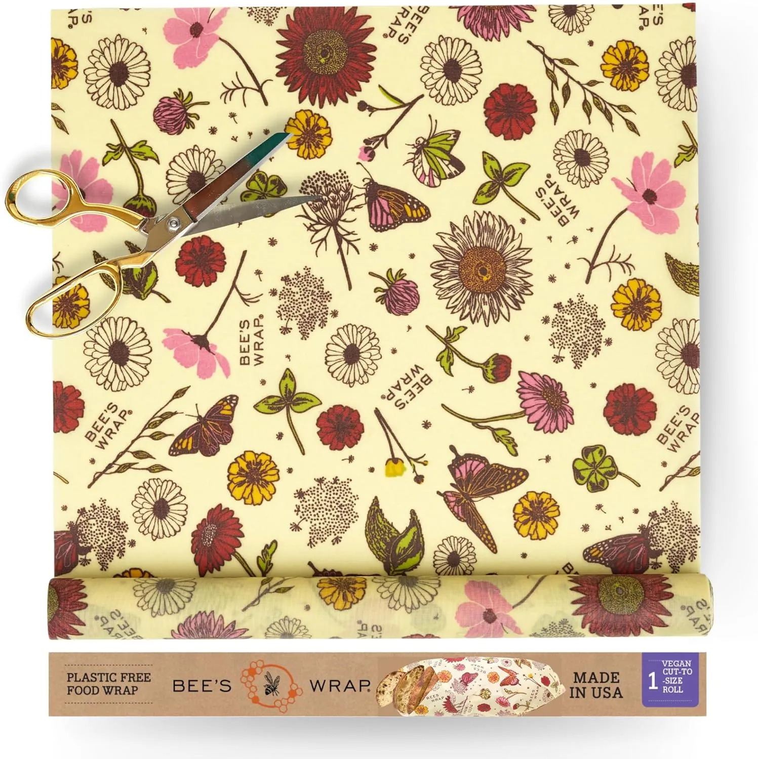 Bee's Wrap Vegan Beeswax Wraps for Food - Meadow Magic Cut to Size Wax Paper Roll - Made in USA Reusable Waxed Paper & Bowl Covers - Organic & Eco-Friendly Alternative to Aluminum Foil & Plastic Wrap