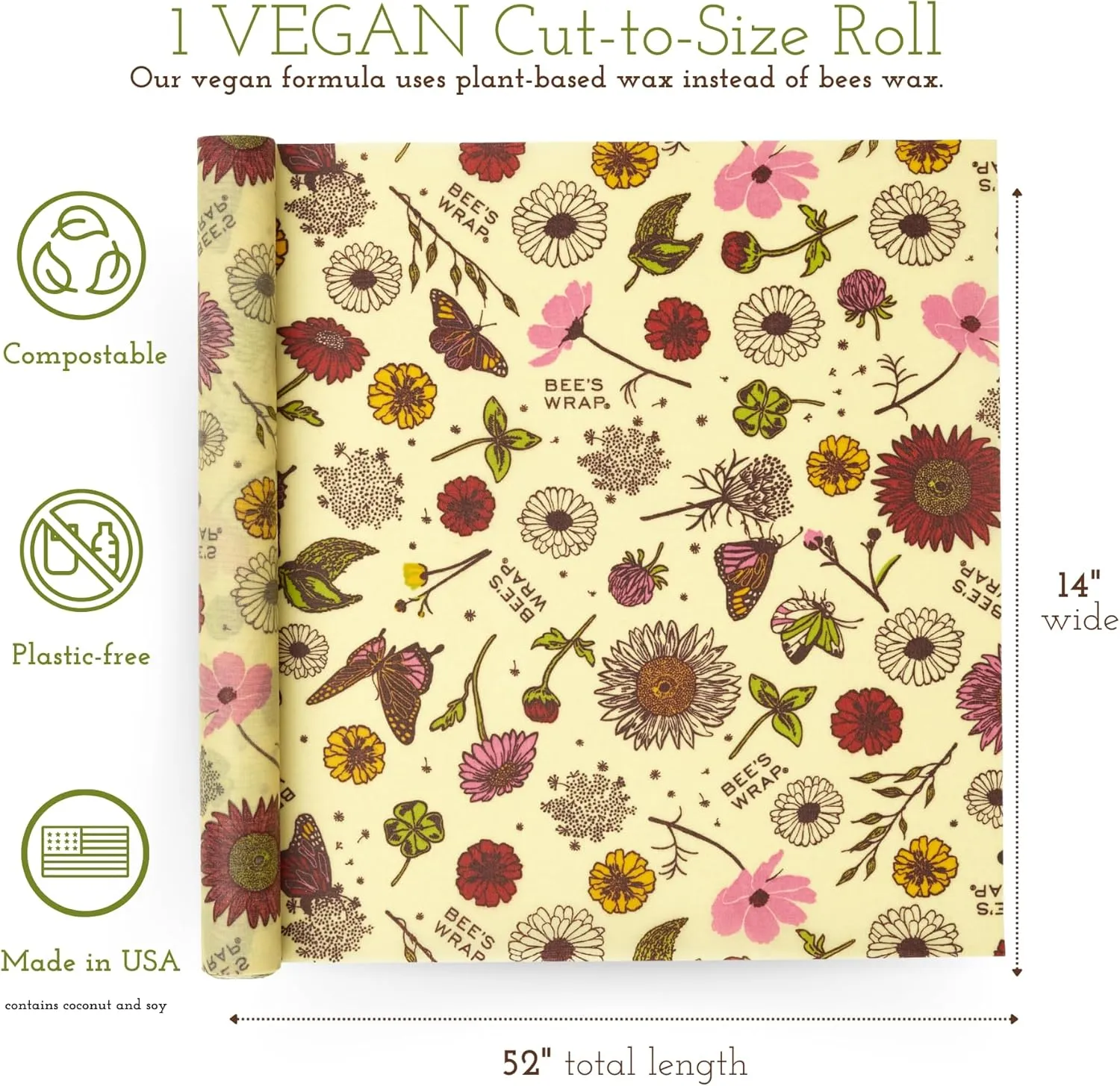 Bee's Wrap Vegan Beeswax Wraps for Food - Meadow Magic Cut to Size Wax Paper Roll - Made in USA Reusable Waxed Paper & Bowl Covers - Organic & Eco-Friendly Alternative to Aluminum Foil & Plastic Wrap