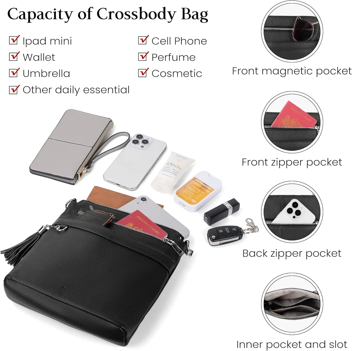 befen Genuine Leather Crossbody Purses for Women, Womens Medium Cross Body Bags Handbag Shoulder Purse with Adjustable Straps