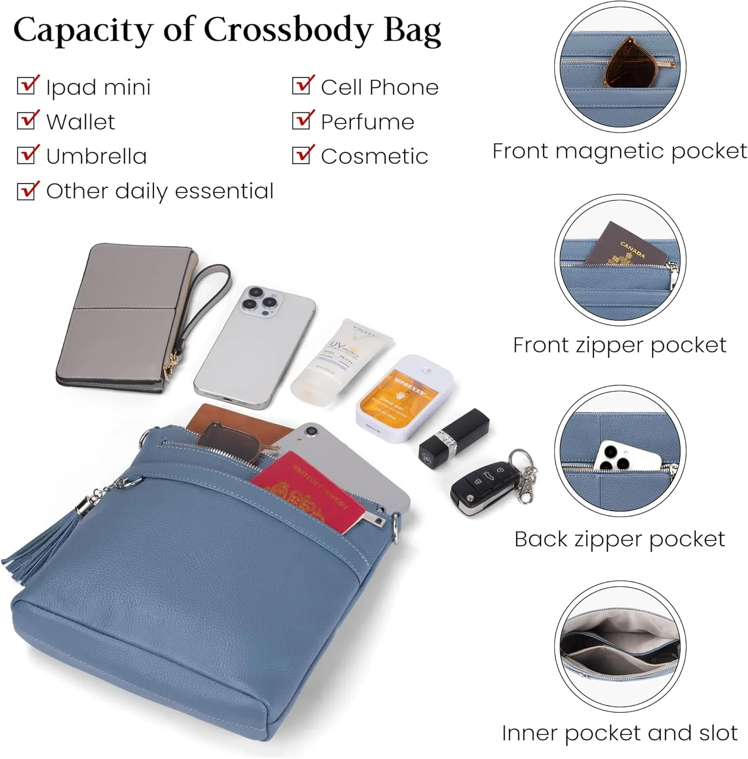 befen Genuine Leather Crossbody Purses for Women, Womens Medium Cross Body Bags Handbag Shoulder Purse with Adjustable Straps