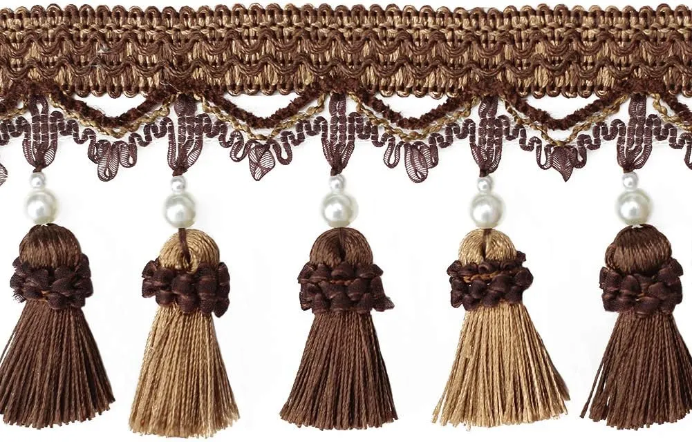 BEL AVENIR Tassel Fringe Trim 6.5 Yard x 3.15 Inches Luxury Beaded Tassel Fringing Trimmings (Dark Coffee)