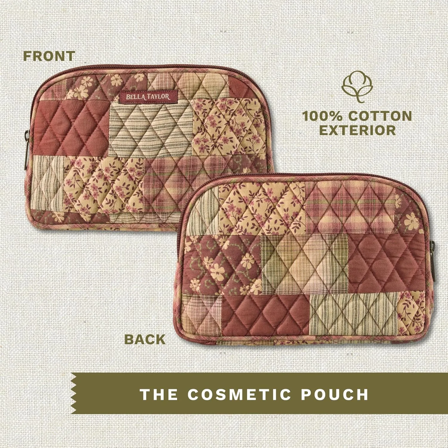 Bella Taylor Large Makeup Pouch for Women | Quilted Cotton Cosmetic Bag for Travel and Organization | Burgundy Patch