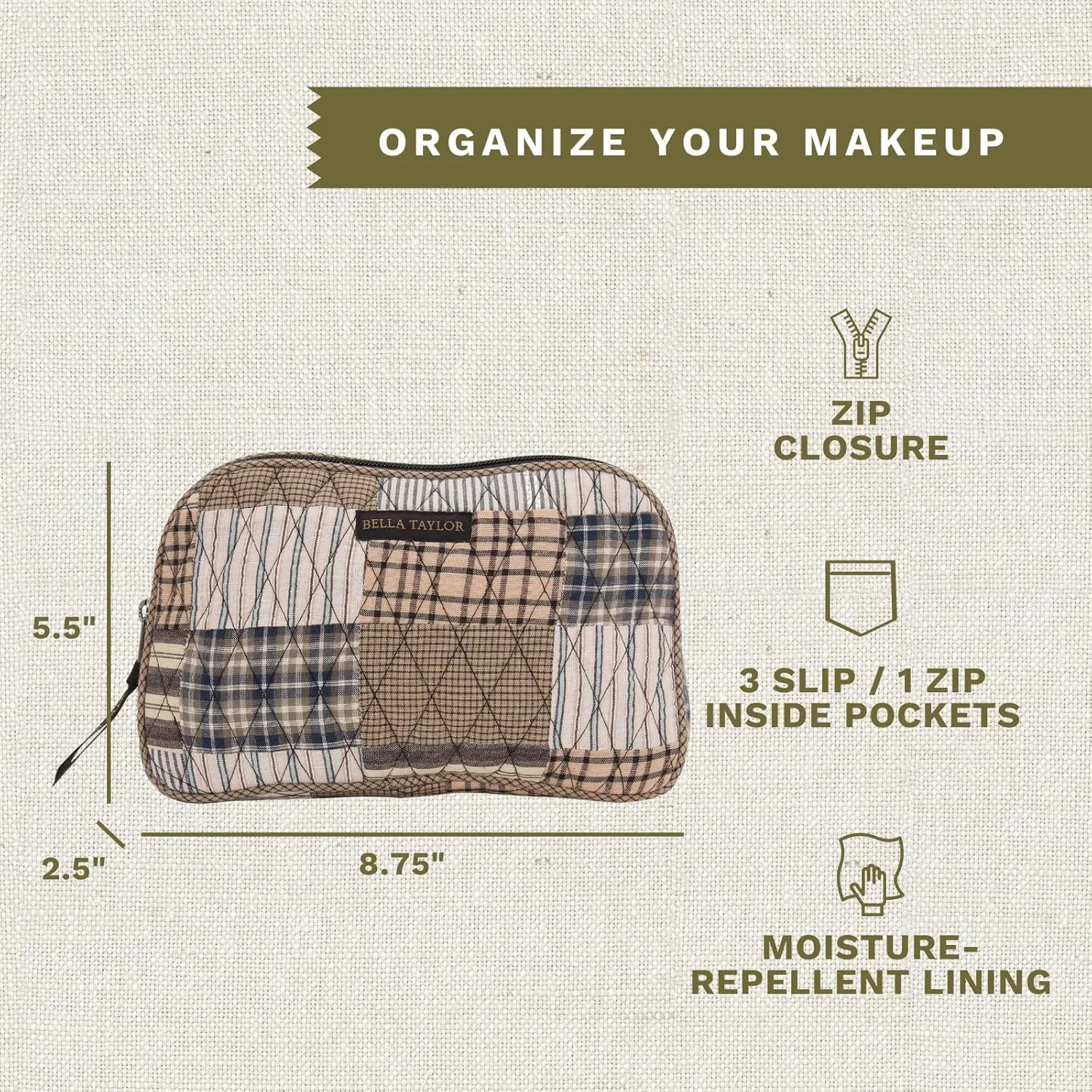 Bella Taylor Large Quilted Cotton Makeup Pouch for Women, Travel Cosmetic Bag, Quilted Cotton Ashmont Tan, Grey and Cream Patchwork