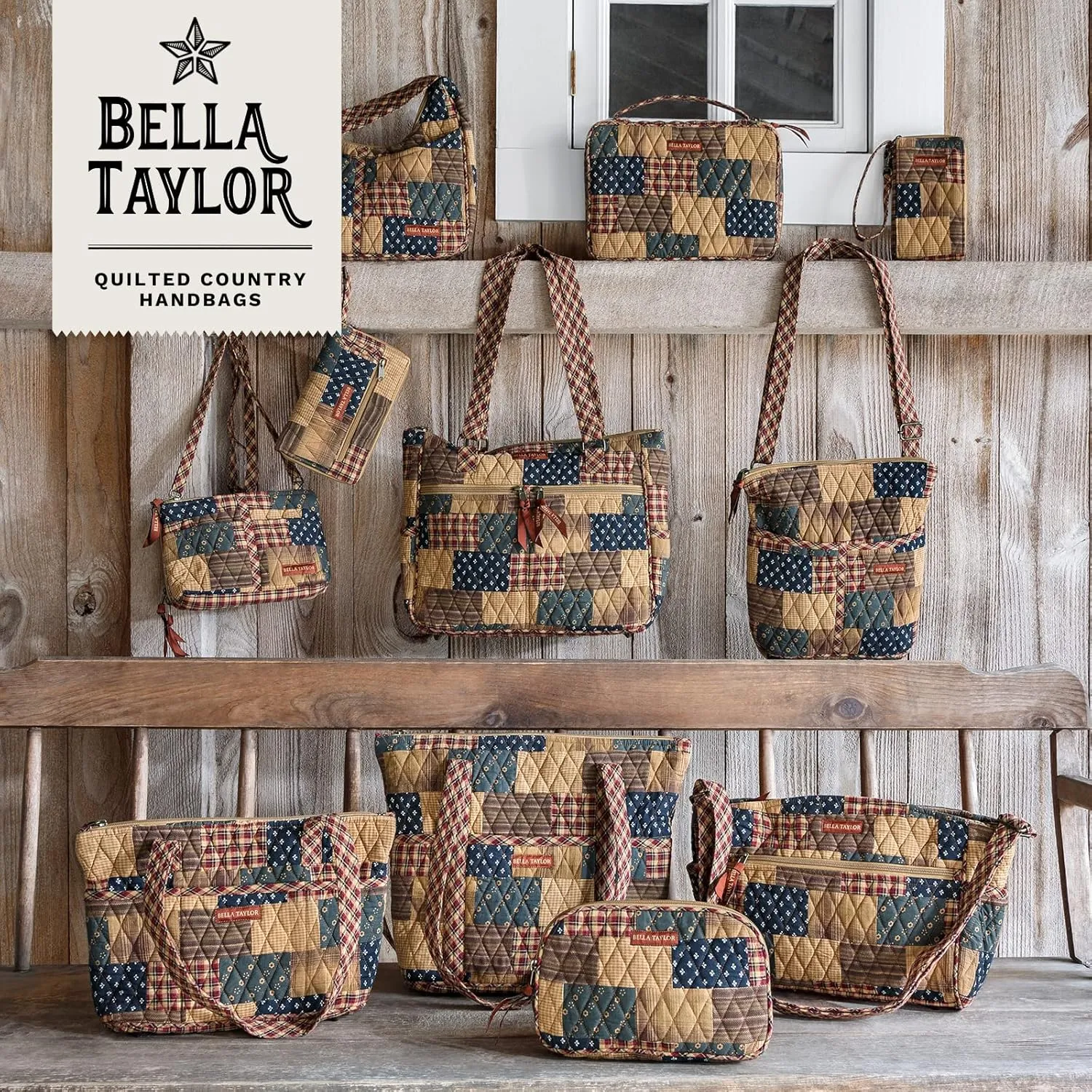 Bella Taylor Large Quilted Cotton Makeup Pouch for Women, Travel Cosmetic Bag, Quilted Cotton Primitive Patch Navy, Red and Tan Patchwork