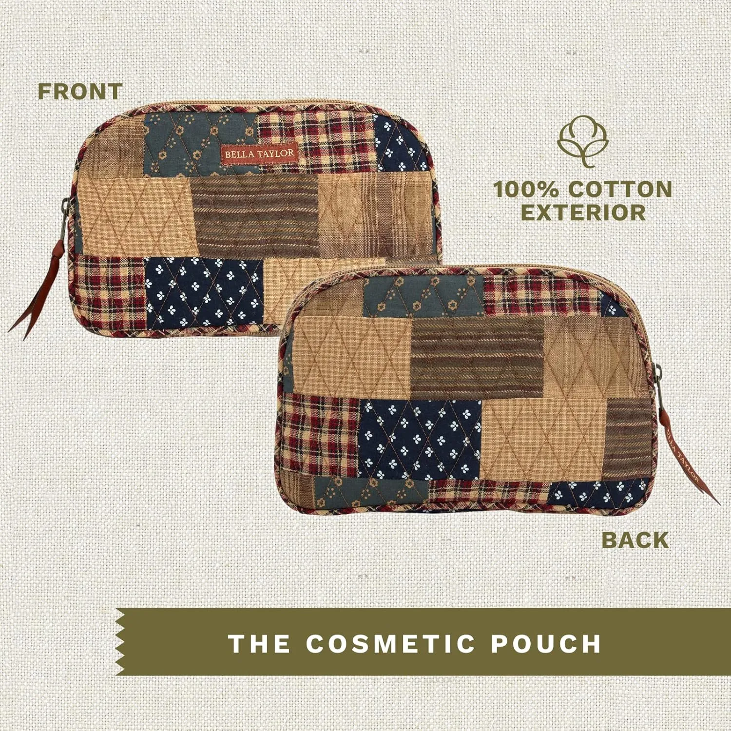 Bella Taylor Large Quilted Cotton Makeup Pouch for Women, Travel Cosmetic Bag, Quilted Cotton Primitive Patch Navy, Red and Tan Patchwork