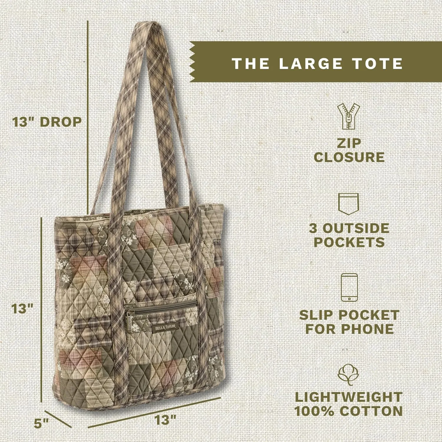Bella Taylor Large Tote | Lightweight Quilted Fabric Tote Bags for Women