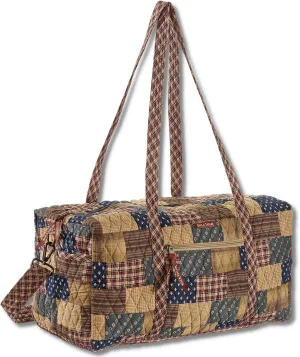 Bella Taylor Quilted Duffle Bag for Women, Large Carry On Travel Weekend Bag, Quilted Cotton Primitive Patch Navy and Red Patchwork