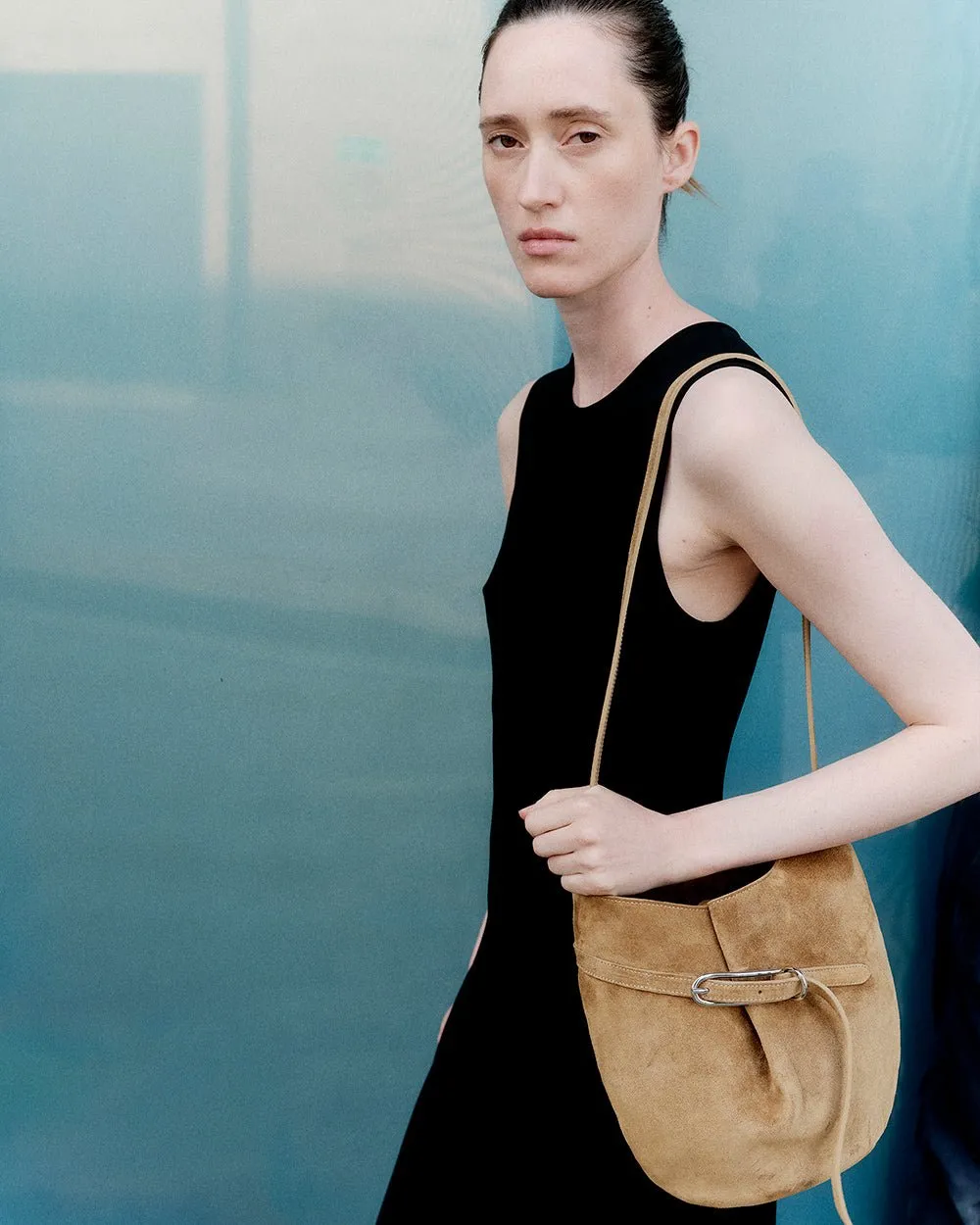 Belted Bucket Bag Beige Suede